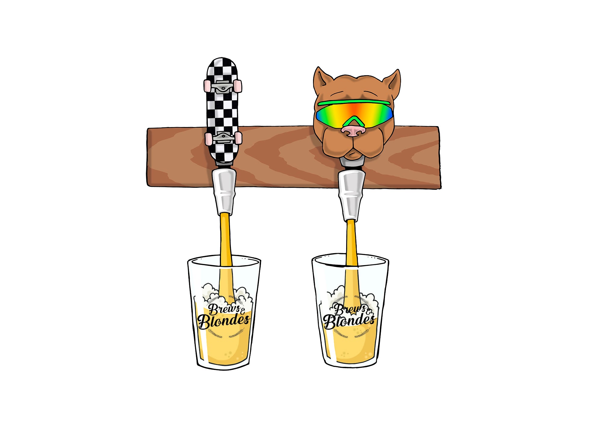 Two beer taps with a dog head design, one wearing sunglasses, on a wooden board with glasses labeled 'Brews & Blondes' below.